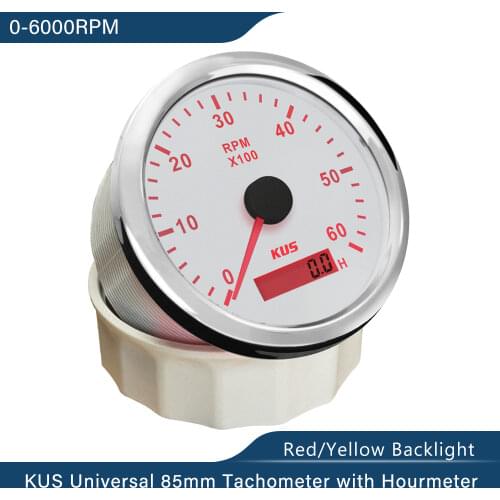 KUS 85mm Tachometer RPM Gauge REV Meter With Hour Meter 0-6000RPM 12V/24V With Backlight