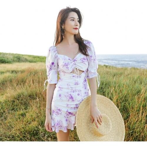 Summer Beach Mini Dress Floral Purple Print Lace Up Hollow Out Dew Waist Backless Pleated Ruffles Vacation Half Sleeve Dresses