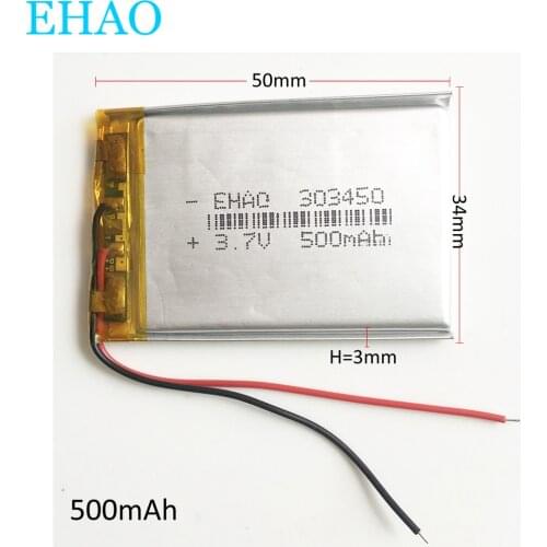 3.7V 500mAh Lithium Polymer LiPo Rechargeable Battery EHAO 303450 For Mp3 GPS Vedio Game bluetooth headphone