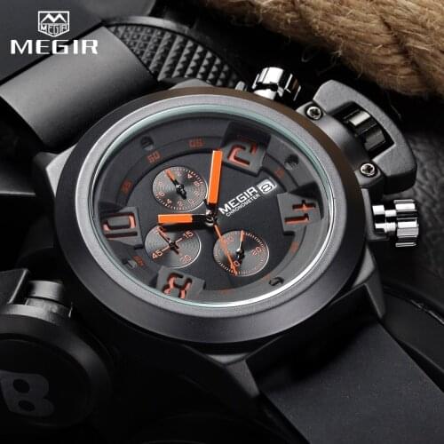 MEGIR 3D Engraved Dial Clocks Male Sport Quartz Men Watches Black Silicone Waterproof Military Chronograph Watch Reloj Hombre