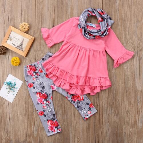 Fashion 3Pcs Outfits Clothes Girl Suits Toddler Kids Baby GirlT-shirt Tops+Leggings Scarf Set 1-7T