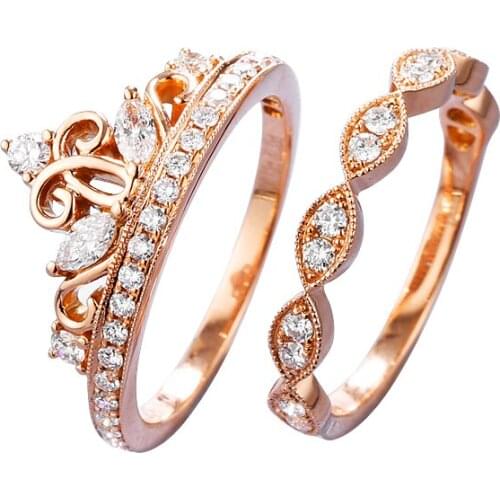 EDI Crown Series Rings AU585 14k Rose Gold Diamond Wedding Set 0.65ct Carat Real Natural Diamond Engagement Wedding Rings Band