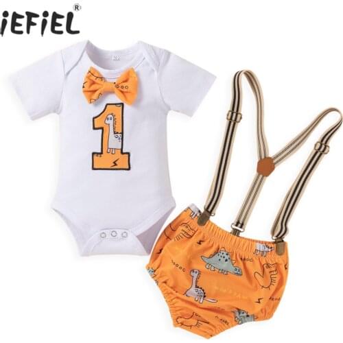 Baby Boy Clothes 1st First Birthday Outfit One Year Gentleman Tie Romper Cartoon Dinosaur Print Strap Shorts Toddler Kid Clothes