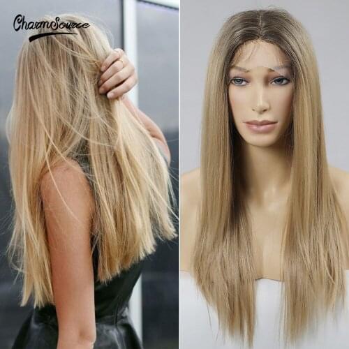 CharmSource Long Brown Root Ombre Blonde Wig Straight Lace Part Synthetic Wigs for Women Daily Hair High Density Heat Resistant