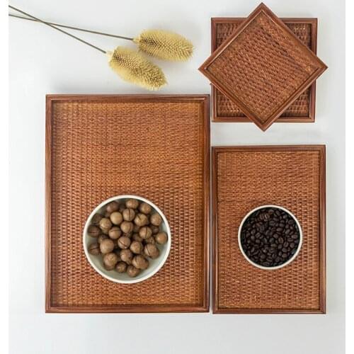 Japan Style Handmade Rattan Woven Tray Heat-resistant Tea Coaster Fruits Desserts Plate Kitchen Dining Room Supplies