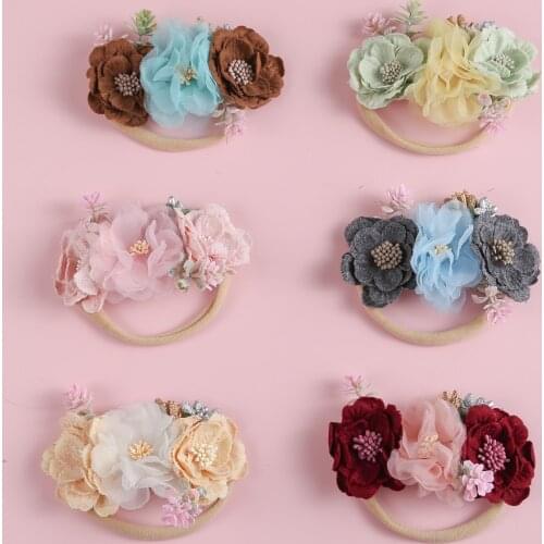 MengNa Bulk 18pc/lot Boutique Princess Vintage Flower Nylon Headband for Kids Girls Flower Headbands,Children Girls Headwear