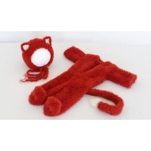 Fuzzy Baby Fox Hat and Romper Newborn Footed Romper Props Knit Furry Baby Girl Photography Outfit Newborn Sleeper Pants Onesie