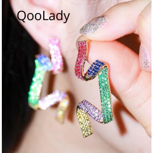 QooLady Trendy Women Long Distortion Drop Earrings Multicolor Cubic Zirconia Stone 585 Gold Fashion Party Best Jewelry Gift E227