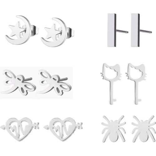 Sasusp 6 Pair Stainless Steel Moon Star Spider Dragonfly Cat Heart Square Punk Earrings For Women Men Lovers Earing Jewelry 2020