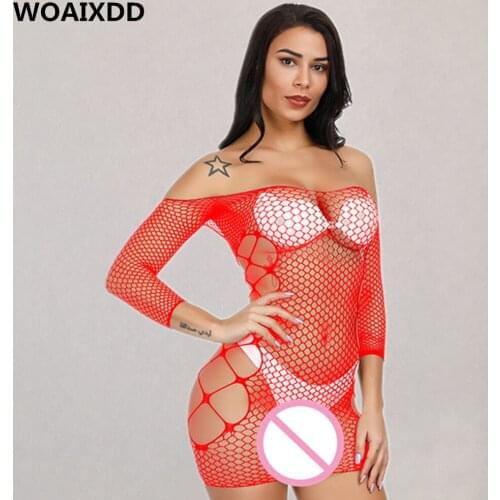 Sexy Fishnet Soft Hollow Out Dress Erotic Perspective Large Mesh Long Sleeve Chemise Women Porno Intimates Adult Sexual Lingerie