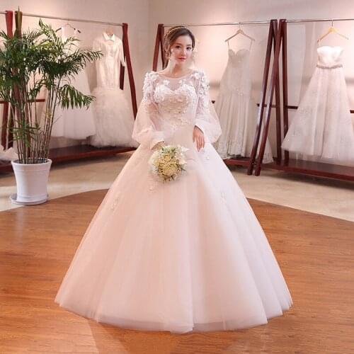 Wedding Dress O-Neck Elegant Sequins Appliques Empire Full Sleeves Backless Plus Size Wedding Gowns Women Vestidos De Novia G067