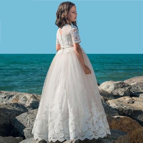 Vintage Princess Flower Girl Dresses With Gold Lace Appliqued Wedding Party Tutu Kids Birthday Dresses
