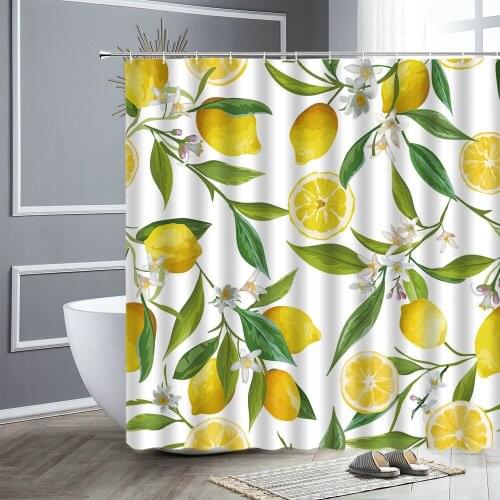 Yellow Lemon Waterproof Fabric Shower Curtains White Flowers Green Leaves Fruits Print Bathtub Decor Hooks Bathroom Curtain Set
