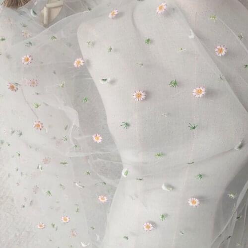 One meter Quality gauze fabric Embroidery with small flowers sewing High end skirt background baby clothes fabric for dress