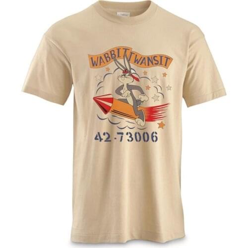 High Qualitty Beige Vintage Army Rabbit Cartoon Screen Print Men Casual Shirts Fabric 100% Cotton Short Sleeve 2021