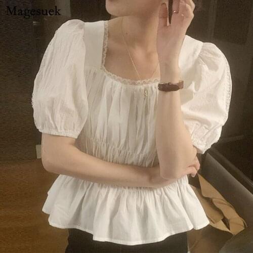 Korean Women Tops Puff Short Sleeve Chic Elegant Woman Blouses Summer Square Collar Sweet Lace Up Office Lady White Shirts 14546