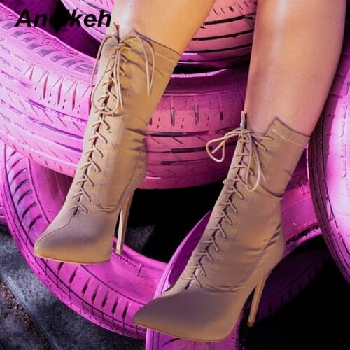 Aneikeh New Boots Women Fashion Canvas Cross Lace-up Ankle Boots Pointed Toe Stiletto Heel Shoes High Heel Botas mujer Size 42