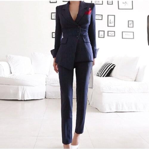 Runway Women Irregular Striped Pant Suits Single Breasted Blazer Jacket coat+Slim Pencil Pant 2 Pieces Set Female Business Suit