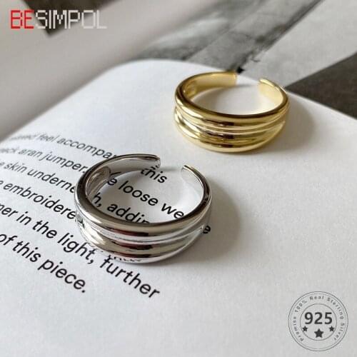 Besimpol Real 925 Sterling Silver Double Layer Ring Simple Fashion Line Adjustable Ring for Women Fashion Fine Jewelry