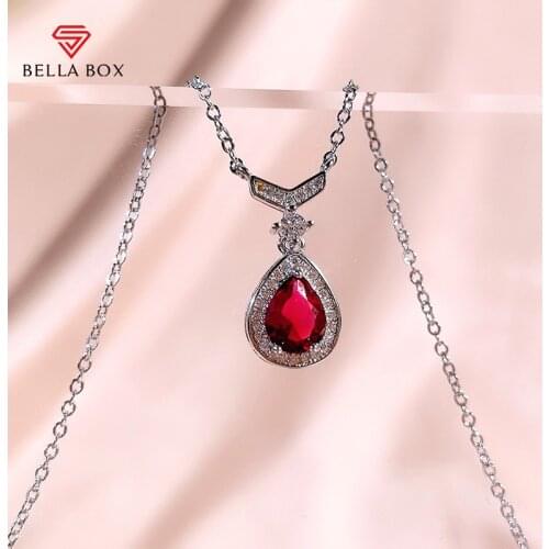 Bella Box Luxury 925 Sterling Silver Ruby Pendant Necklace With Water Drop Gemstone Female Engagement Charm Fine Jewelry Gift
