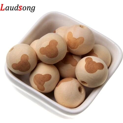 10Pcs/lot 20mm Engraving Bear Eco-Friendly Round Natural Wood Beads For Jewelry Making Bracelet Necklace DIY Wooden Accessories