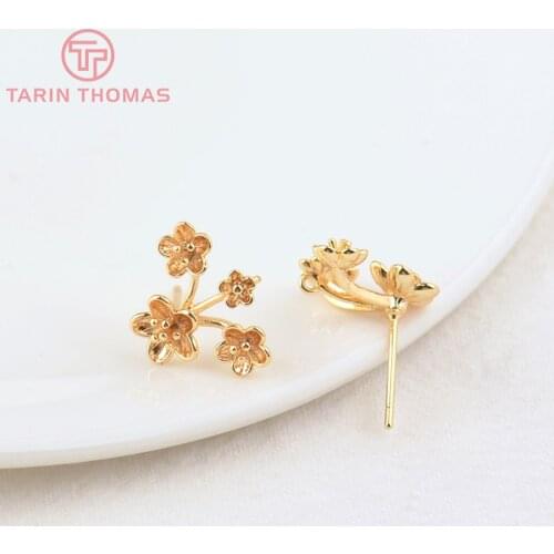 6PCS 13x15MM Hole 0.8MM 24K Gold Color Brass Three Flowers Stud Earrings High Quality Diy Jewelry Findings Accessories