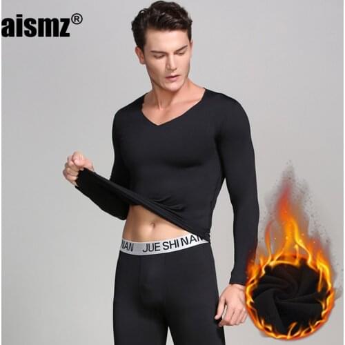 Aismz 2019 New Fashion Male Thermal Underwear Men Long Autumn Winter V-neck Tops+Pants Set Warm Fleece Thick Plus Size M-4XL