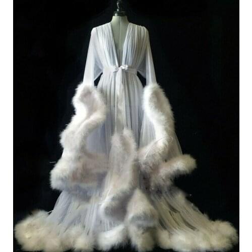 White Faux Fur Sleepwear Robe Women Wedding Bridal Sash Trimmed Bathrobe Belt