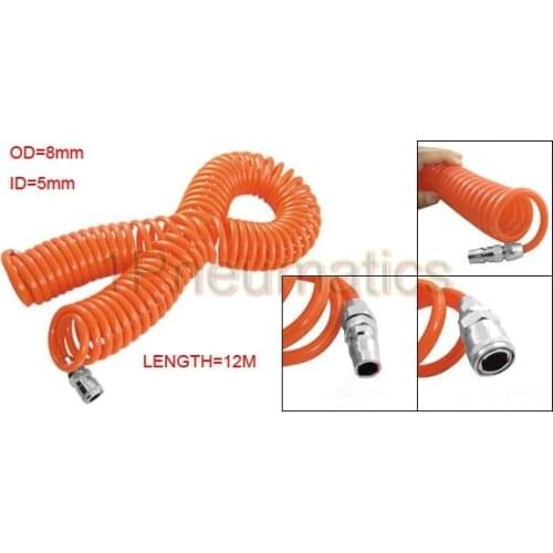 Free Shipping 8mm OD Polyurethane Pneumatic Coiled Air Hose Tube Orange 12M Length