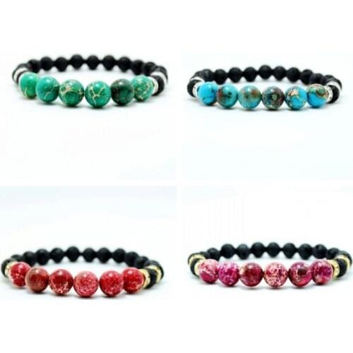 10mm Blue Sediment Stone & 8mm Lava Stone Bead Charm Bracelet Bangle jewelry