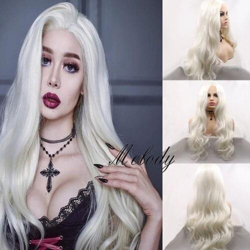 Melody Long Curly Silver White Halloween Synthetic Lace Front Wigs Long Silky Wavy Pura White Blonde Lace Front Wigs