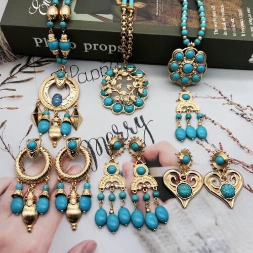 Ethnic Jewelry Marble Stones Statement Chunky Necklace Pendant Long Fashion Bohemian Accessories For Women