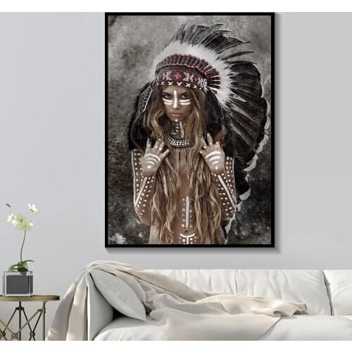 Indian Women Wall Art Canvas Painting Feather Nordic Poster Wall Picture For Living Room Home Decoration Figure Picture Unframed