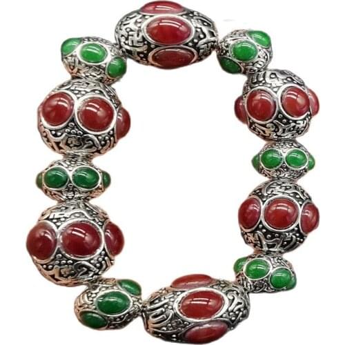 China Old Tibetan Silver Inlaid Green Red Colour Jade Bead Hand String Bracelet