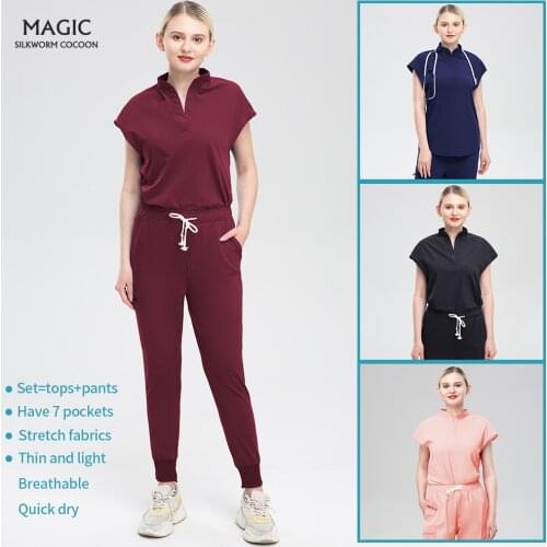 Short Sleeve Nursing Sets Unisex V Neck Pocket Pet Caring Workers Tops+pants Suits Blouses Working Clothes Scrubs Women Uniforms