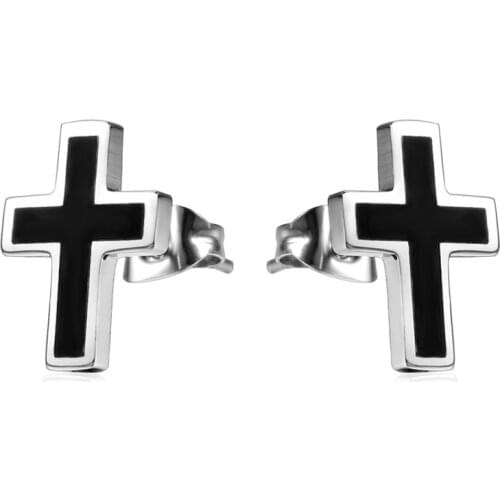 Korean Fashion Enamel Cross Stud Earring for Men Boy Christian Stainless Steel Religious Punk Male Jewelry