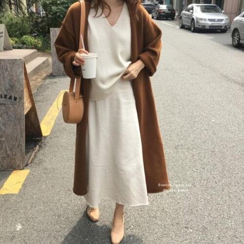 Korean Casual Loose Knitted Long Cardigans Women Lazy style Long Sleeve Lace Up Slim Waist Fashion Ins Cardigan Autumn Winter
