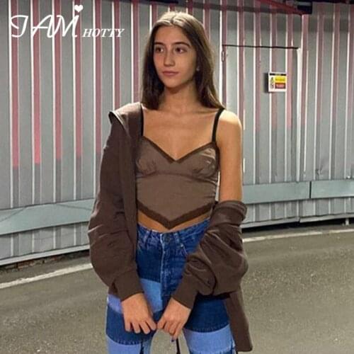 Y2k Aesthetic Brown Lace Crop Top Women Harajuku Sexy V Neck Backless Cami Girls Soft Gothic Corset Camisole Retro 90s Iamhotty