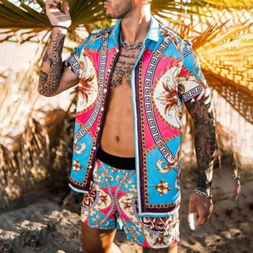 Men Set Fashion Hawaiian Printed Mens Suit 2021 Summer Button Short Sleeve Shirt Beach Shorts Casual Streetwear 2 Piece S-3XL