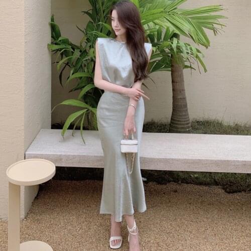 Fashion Women Korean Elegant Coffee Break Vintage Casual Satin Shrug Sleeveless Top Shirt Blouse Mermaid Long Skirt 2 Pieces Set