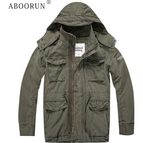 ABOORUN Military Jacket Men Winter Cotton Hooded Jacket Coat Army Mens Pilot Jacket Air Force Winter Casual Cargo Jaqueta R1439