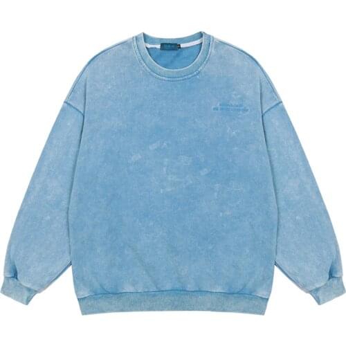 2021 Kpop Flowers Embroidery Rero Washed Men Solid Pullover Sweatshirts Long Sleeve Blue Round Neck Sweater Korean Clothes Felpe