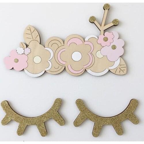 Wall Stickers Shine Wood Eyelash Nordic Style Sequins Wooden 3D Closed Eye Lash Wall Decars Ornament Baby Kids Room Home Decor