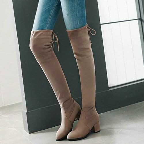 New Womens Winter Thigh High Boots Fashion 6CM Square Root Stretch Knee Boots Simple and Comfortable Black Gray Womens Boots