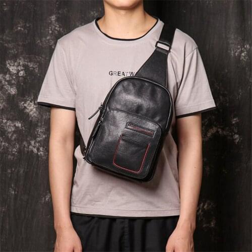 Retro casual fashion designer natural genuine leather mens shoulder bag daily outdoor work black cowhide chest bag