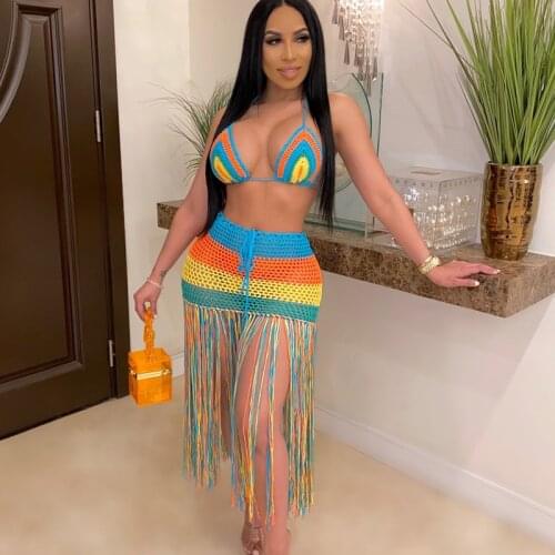 Knitted Sexy Tassel Fishnet 2 Piece Set See Through Party Club Casual Crop Top and Skirt Female Beach Outfits Summer