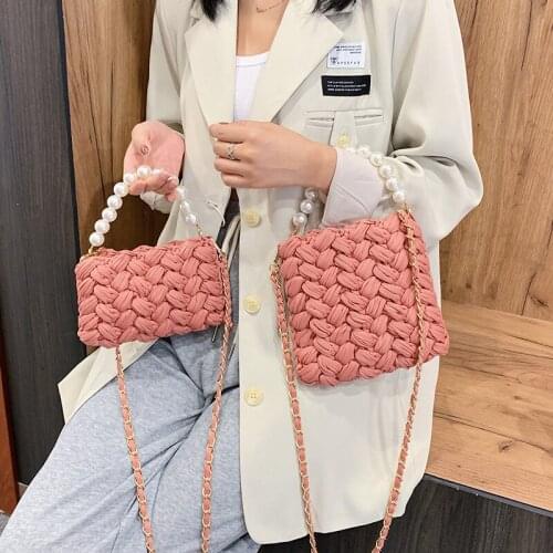 For Women Knitting Shoulder Bag Handmade Lady Handbags Female Small Purses 2022 Fashion Pearls Chain Rope Woven Crossbody Bags