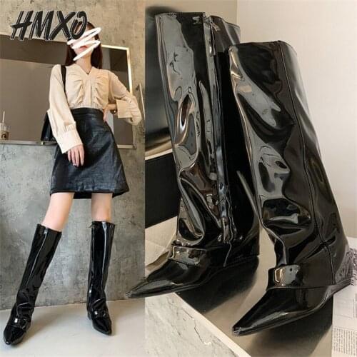 HMXO Knee-length Boots Women Pointed Toe High-heeled Boots Slope Heel Women Shoes Patent Leather High-tube Trousers Knight Boots