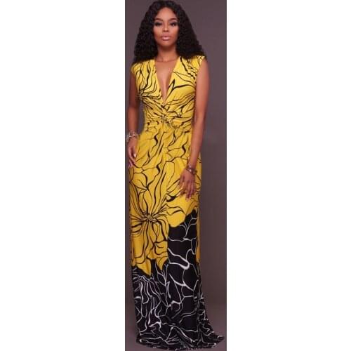 2020 New Summer Yellow Sexy Floral print Long Dress Sleeveless Low bosom Deep V-neck Fashion Womens Beach Dress bodycon dresses