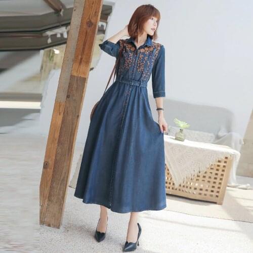 Autumn Denim Embroidery Dress 2020 Vintage Womens Slim Dresses Half Sleeve Belt A-Line Female Turn-Down Collar Vestidos QN2259